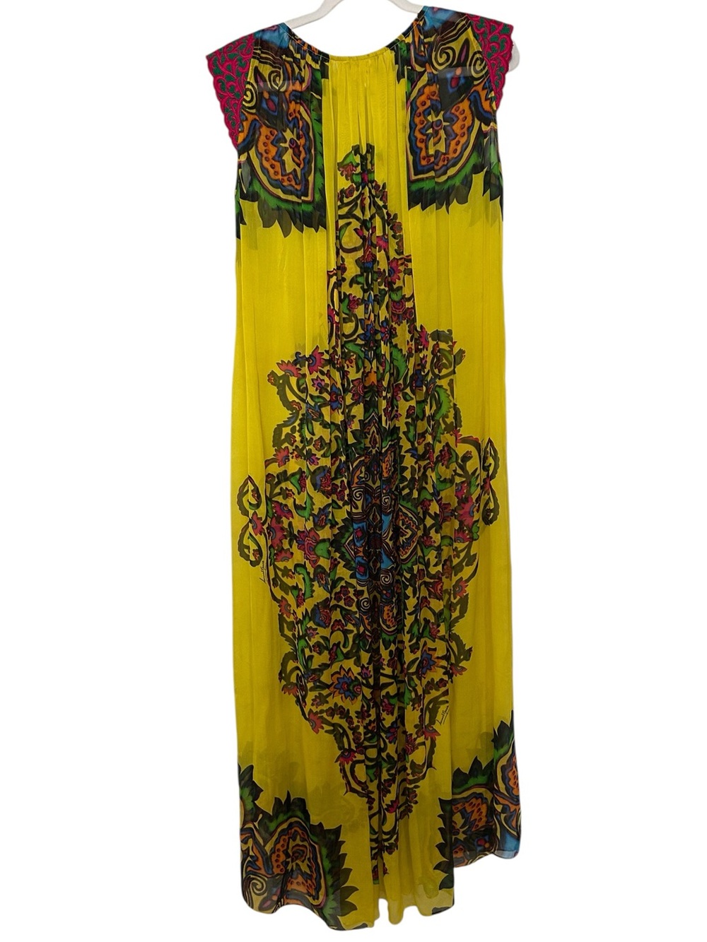 HEMANT & NANDITA Yellow Floral Print Maxi Dress with Pink Cap Sleeves - Picture 4 of 15